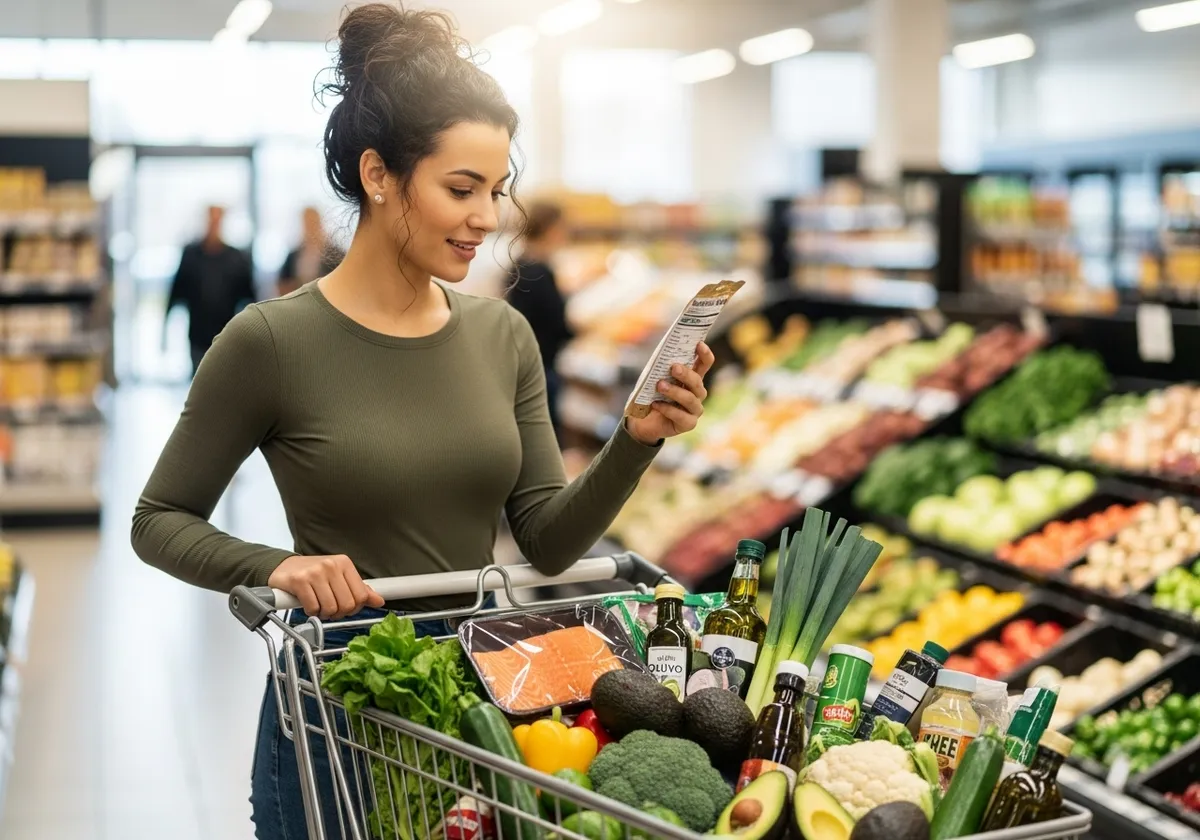 Happy woman grocery shopping for fresh keto foods