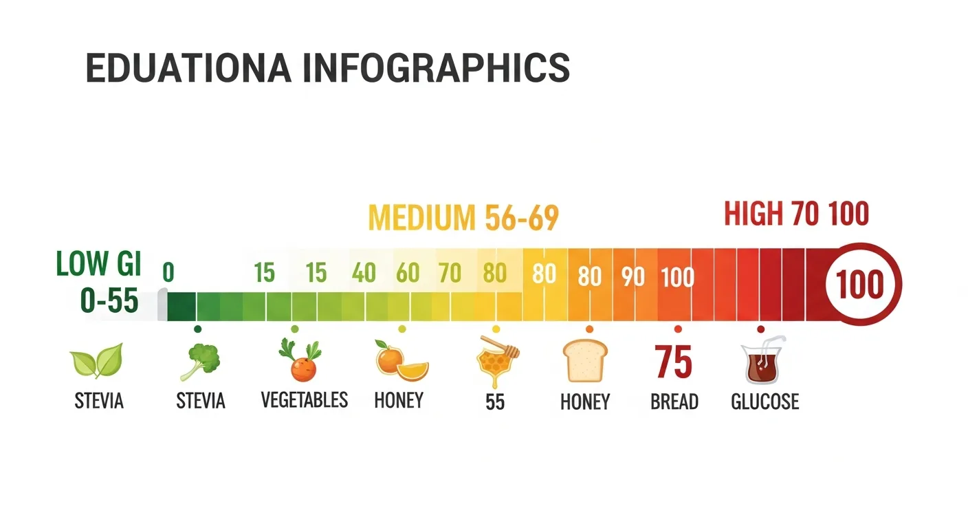 Colorful glycemic index scale from 0 to 100 with food examples