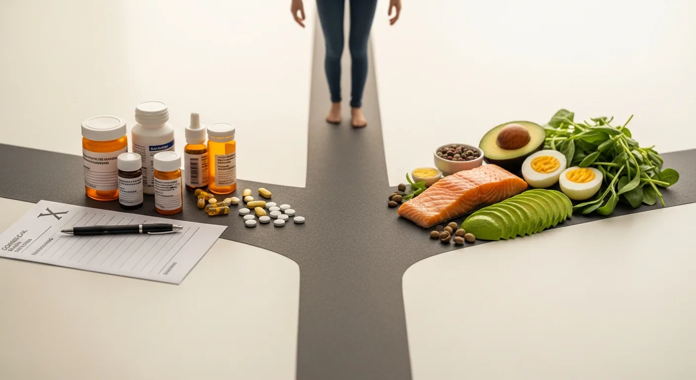 Person at crossroads choosing between medication and keto food paths
