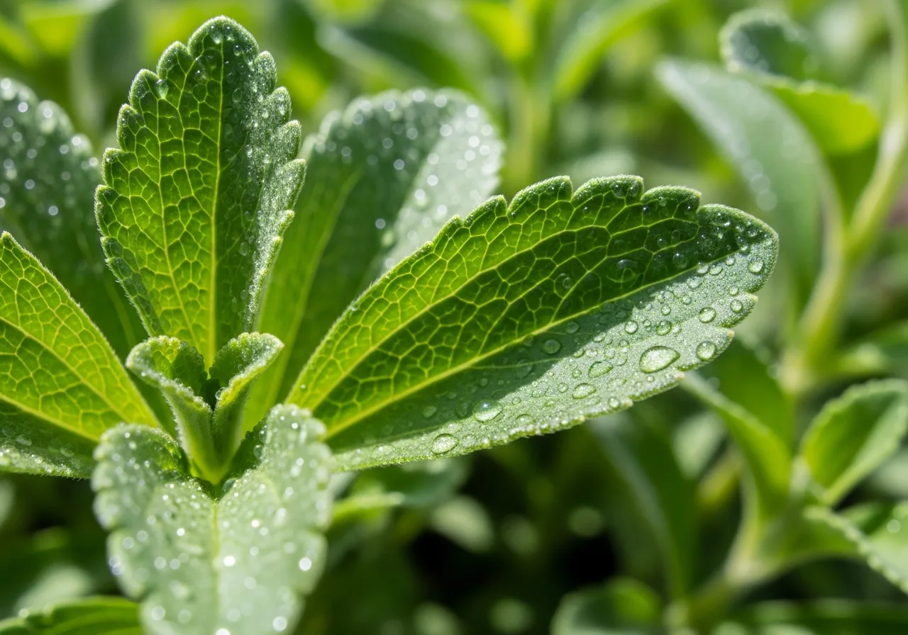 Fresh green stevia plant leaves with water droplets