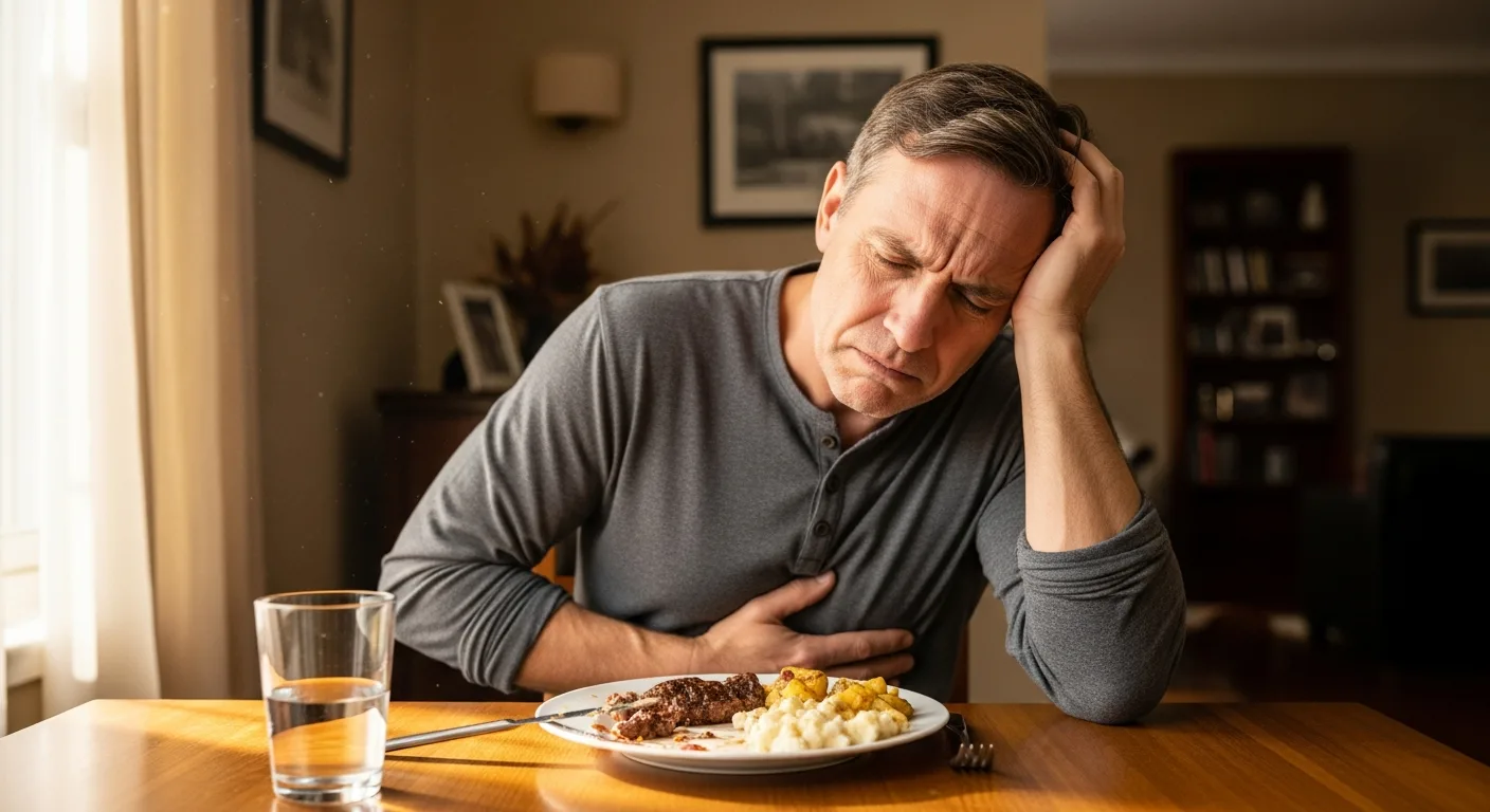 Person experiencing GI discomfort at dining table