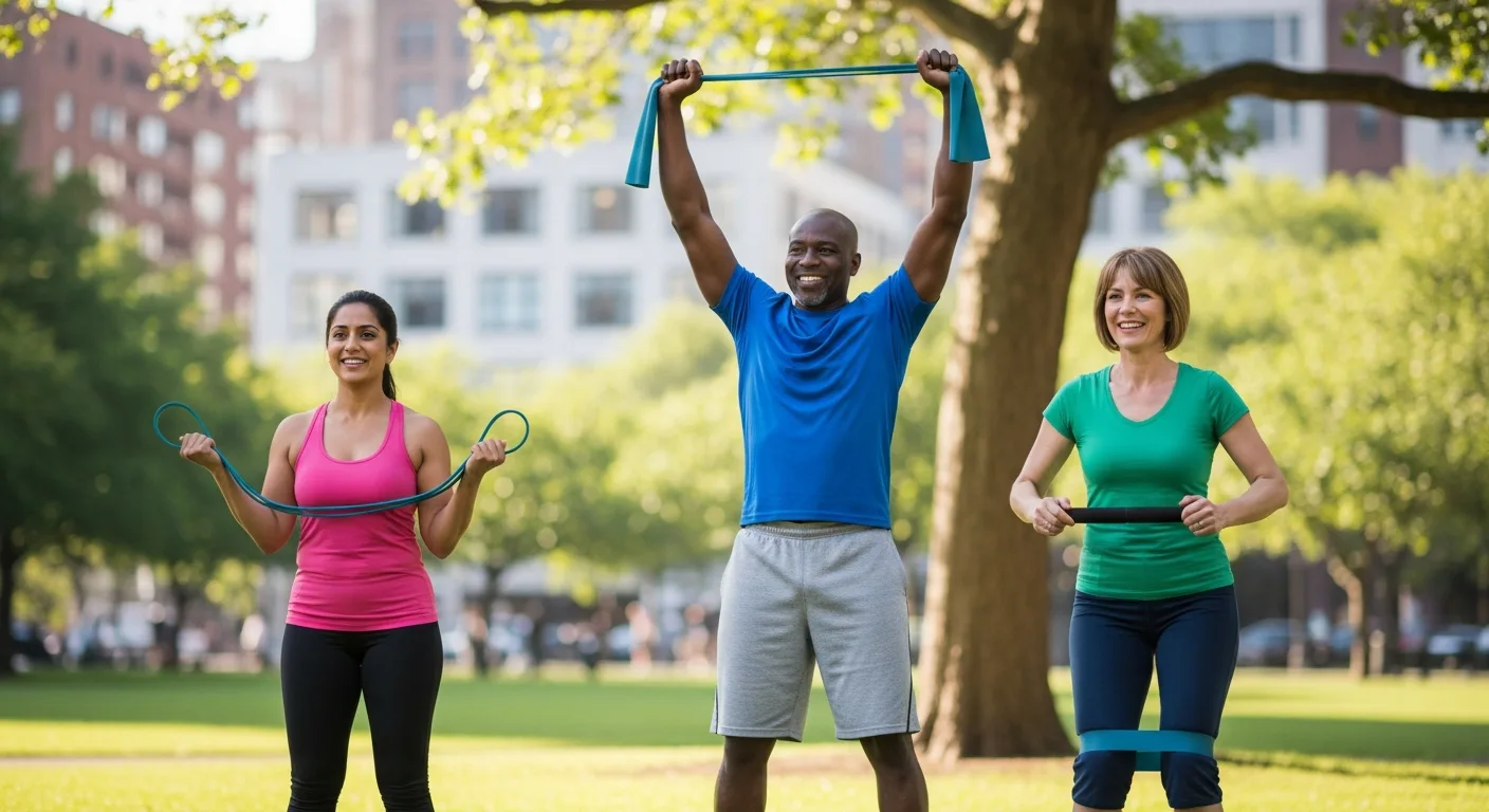 Group doing resistance training outdoors