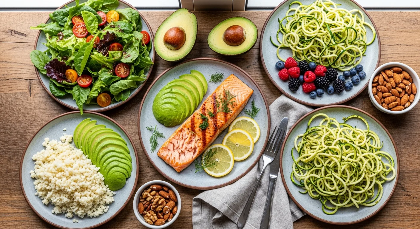 Beautiful spread of keto-friendly low-GI foods on wooden table