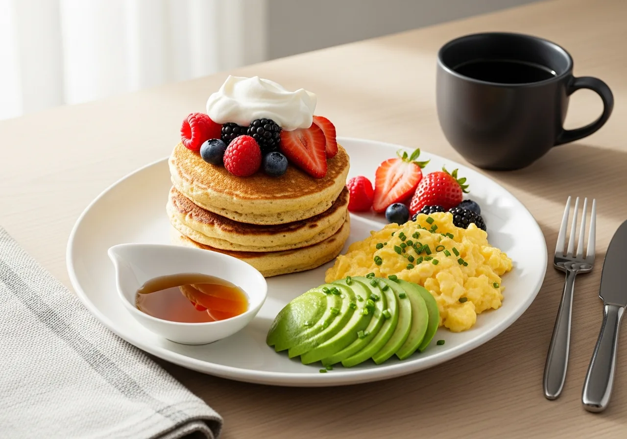 Low-GI keto breakfast with pancakes, berries, and coffee