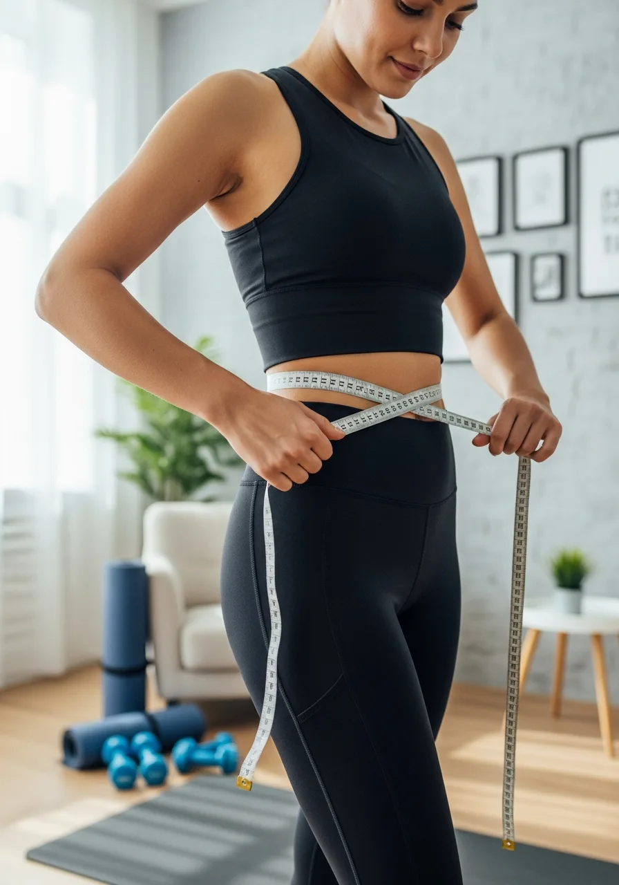 Person measuring waist progress