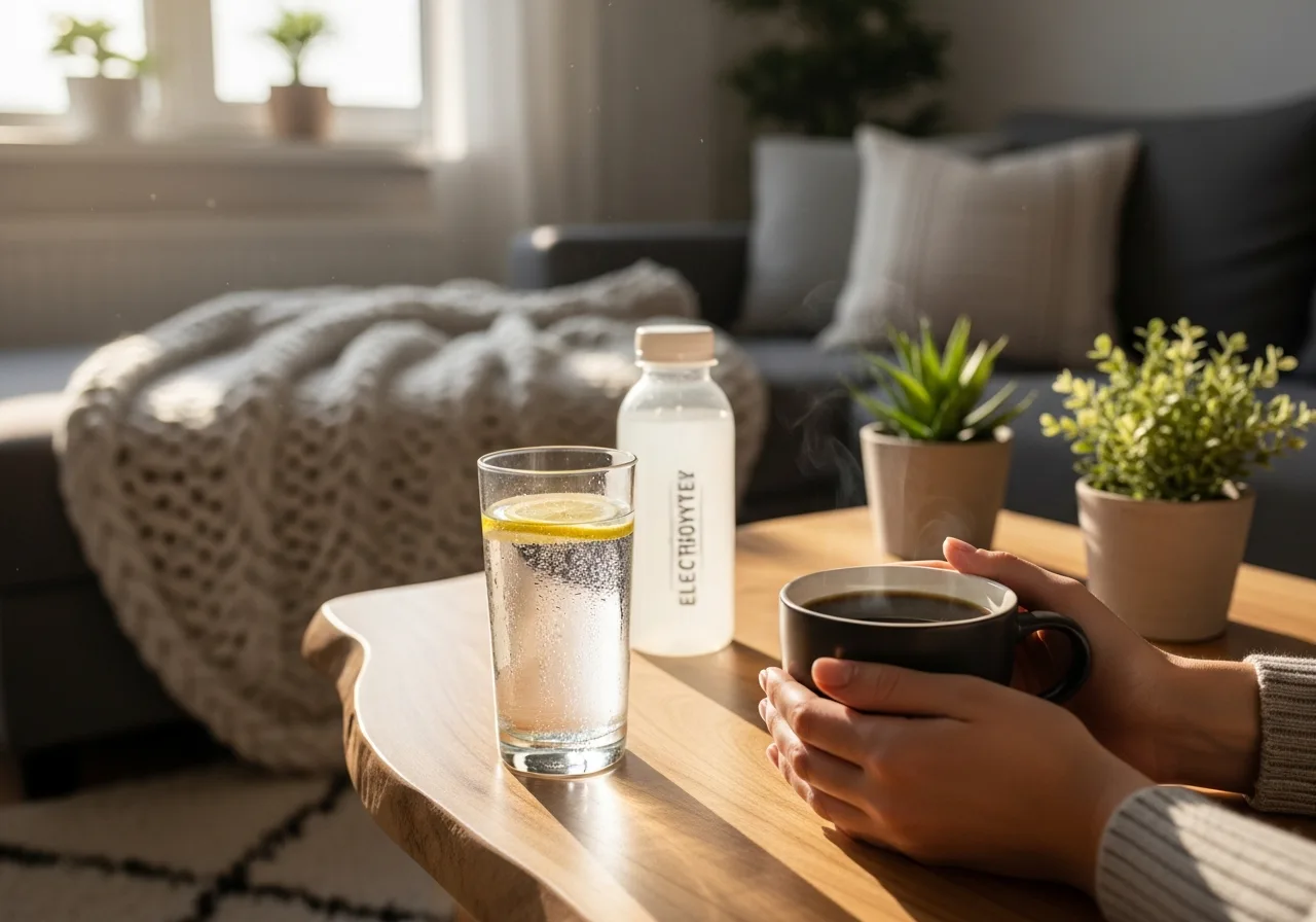 Cozy morning reset scene with water, coffee, and calm atmosphere