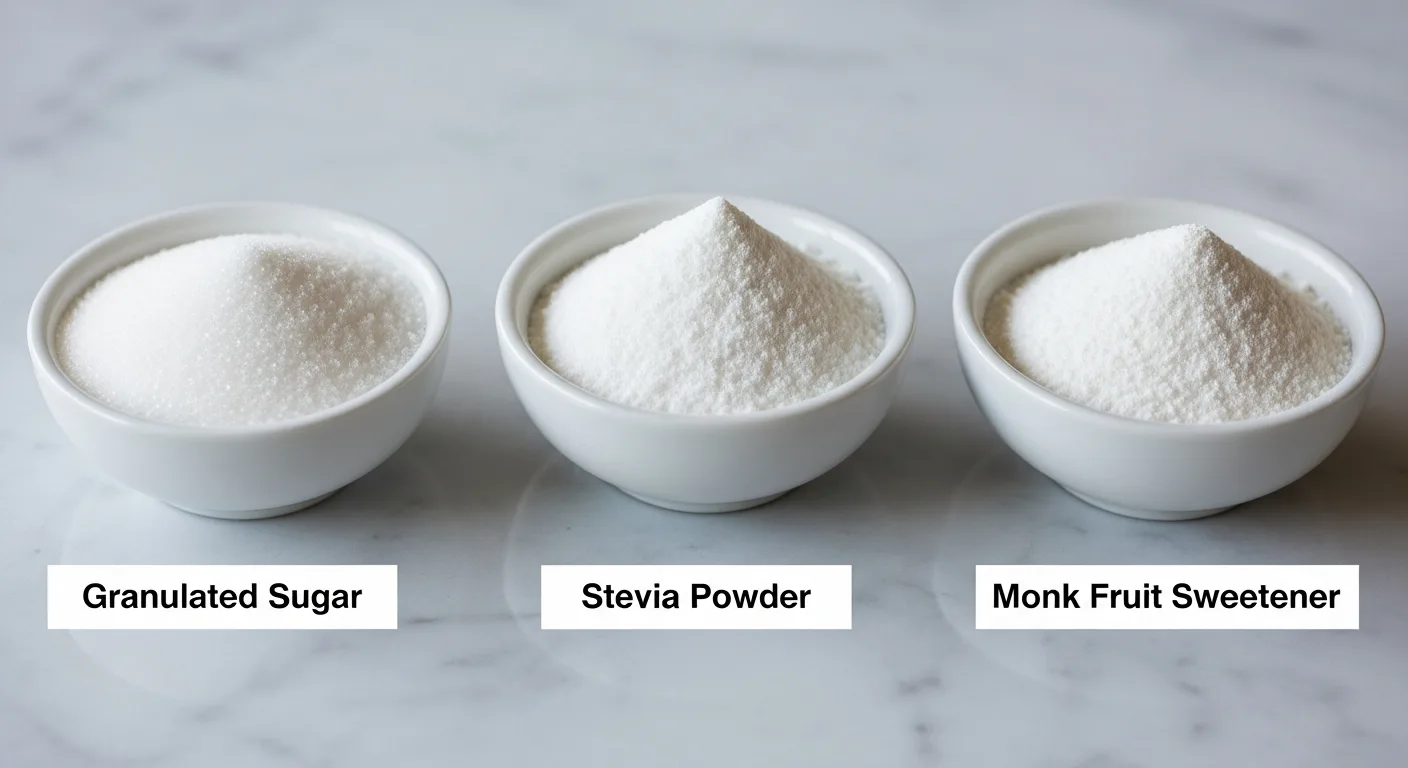 Comparison of sugar versus natural sweeteners in white bowls