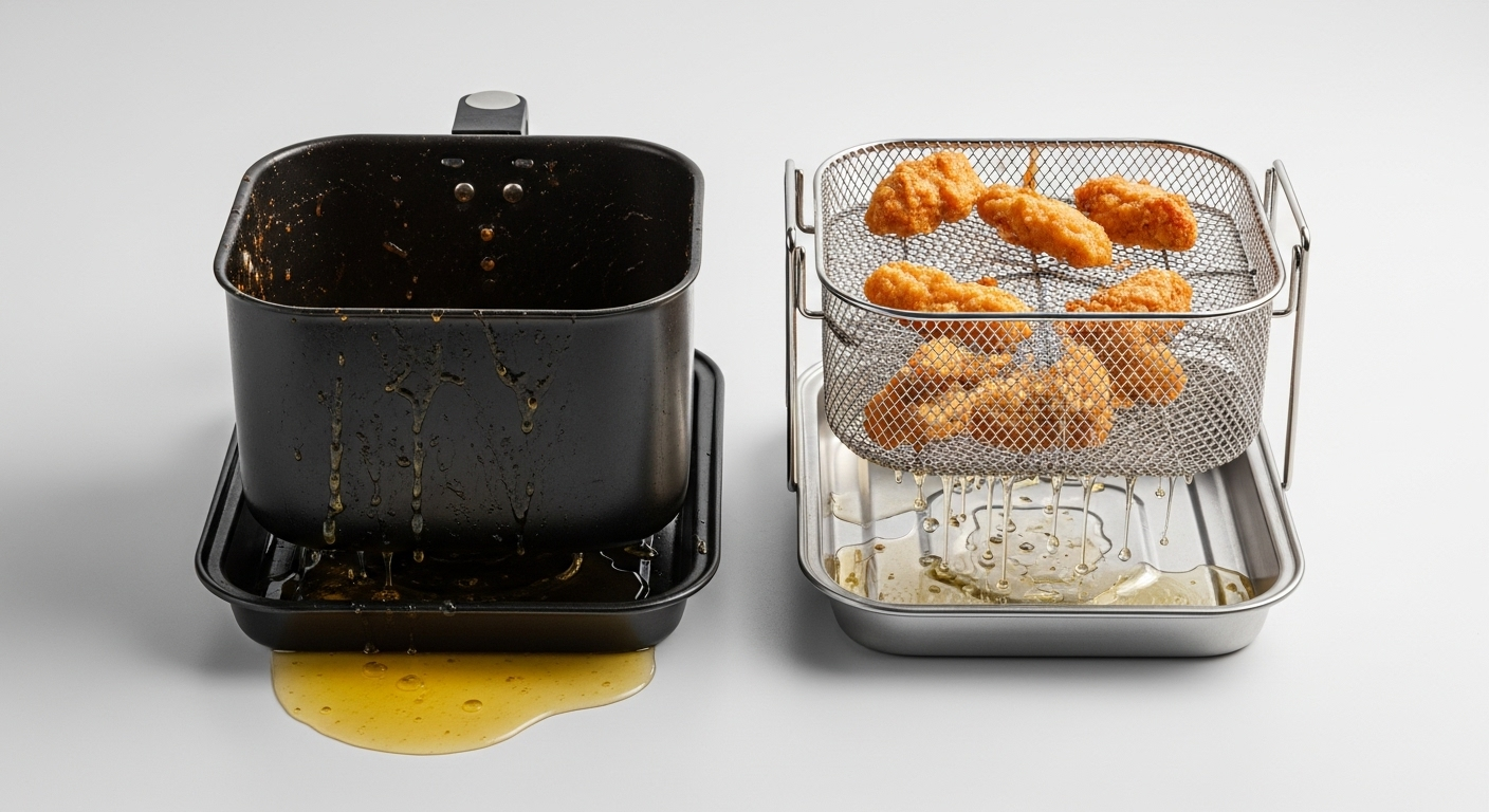 Two air fryer baskets side by side: one with fat pooled in bottom, one with elevated rack system