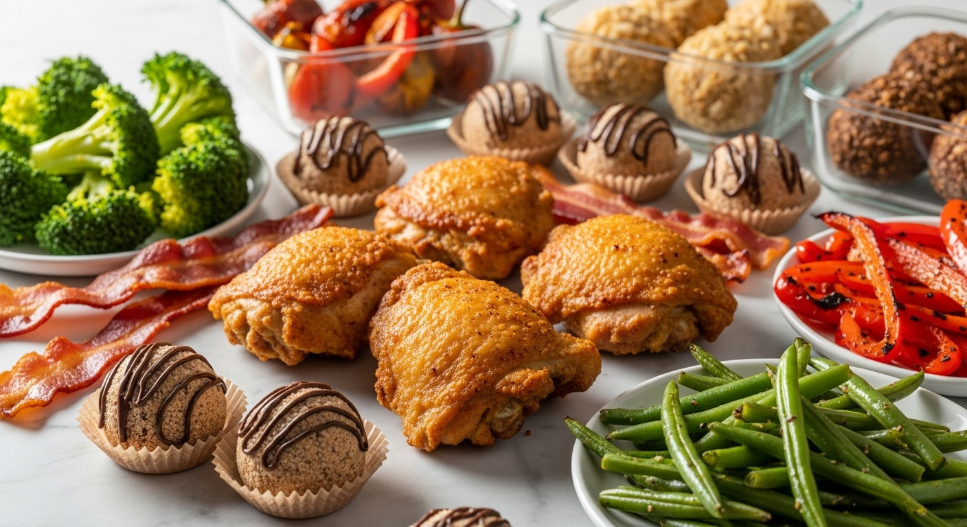 Multiple glass containers filled with air-fried chicken thighs, vegetables, and fat bombs