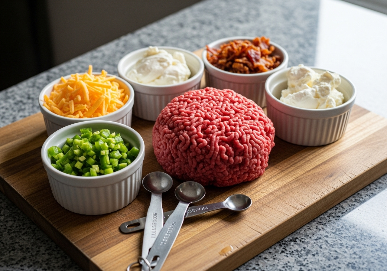 Raw ingredients for stuffed burgers laid out including ground beef, cheese, jalapeños, and measuring tools