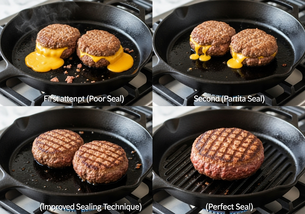 Four stuffed burger patties showing progression from complete disaster to perfect technique