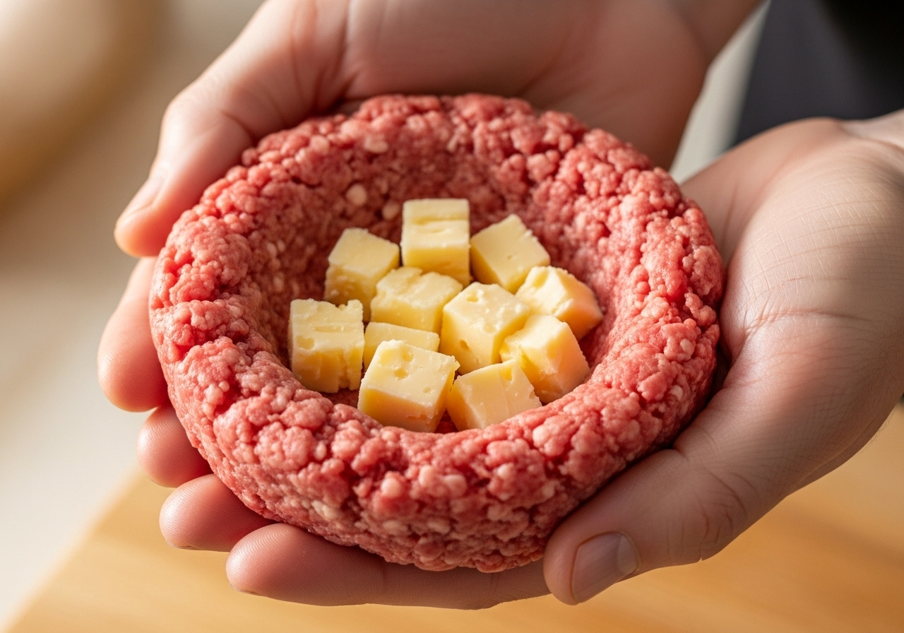 Hands demonstrating proper stuffed burger forming technique with layered meat and filling