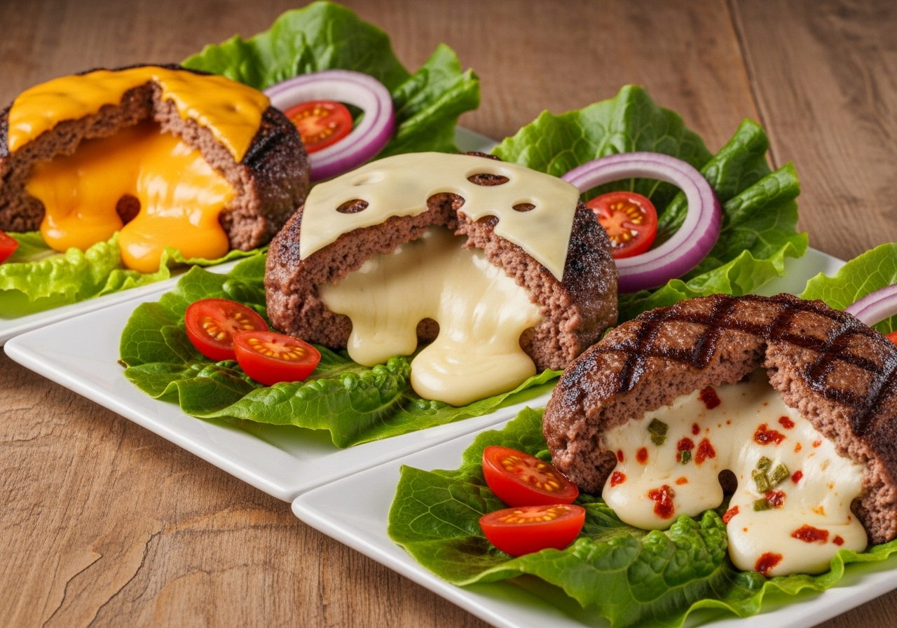 Three stuffed burgers cut in half revealing different fillings: cheese bomb, jalapeño popper, and pizza burger